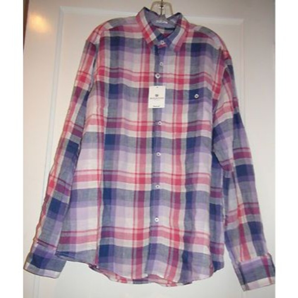 Bugatchi Uomo Long Sleeve Linen Shirt Iris Plaid Shirt